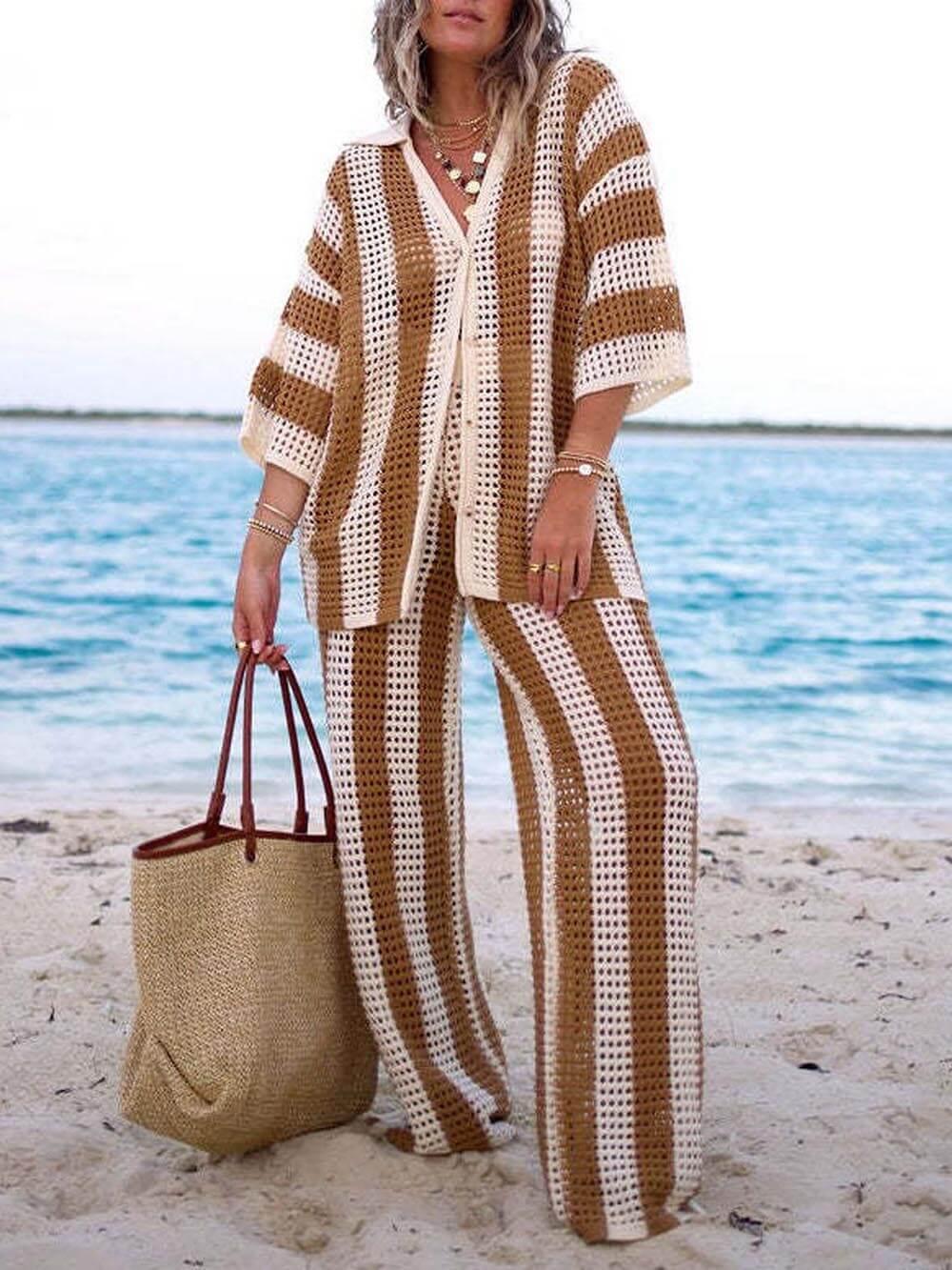 Sandra | Women's Striped Knit Two Piece Set with Collared Neckline and Wide Leg Pants