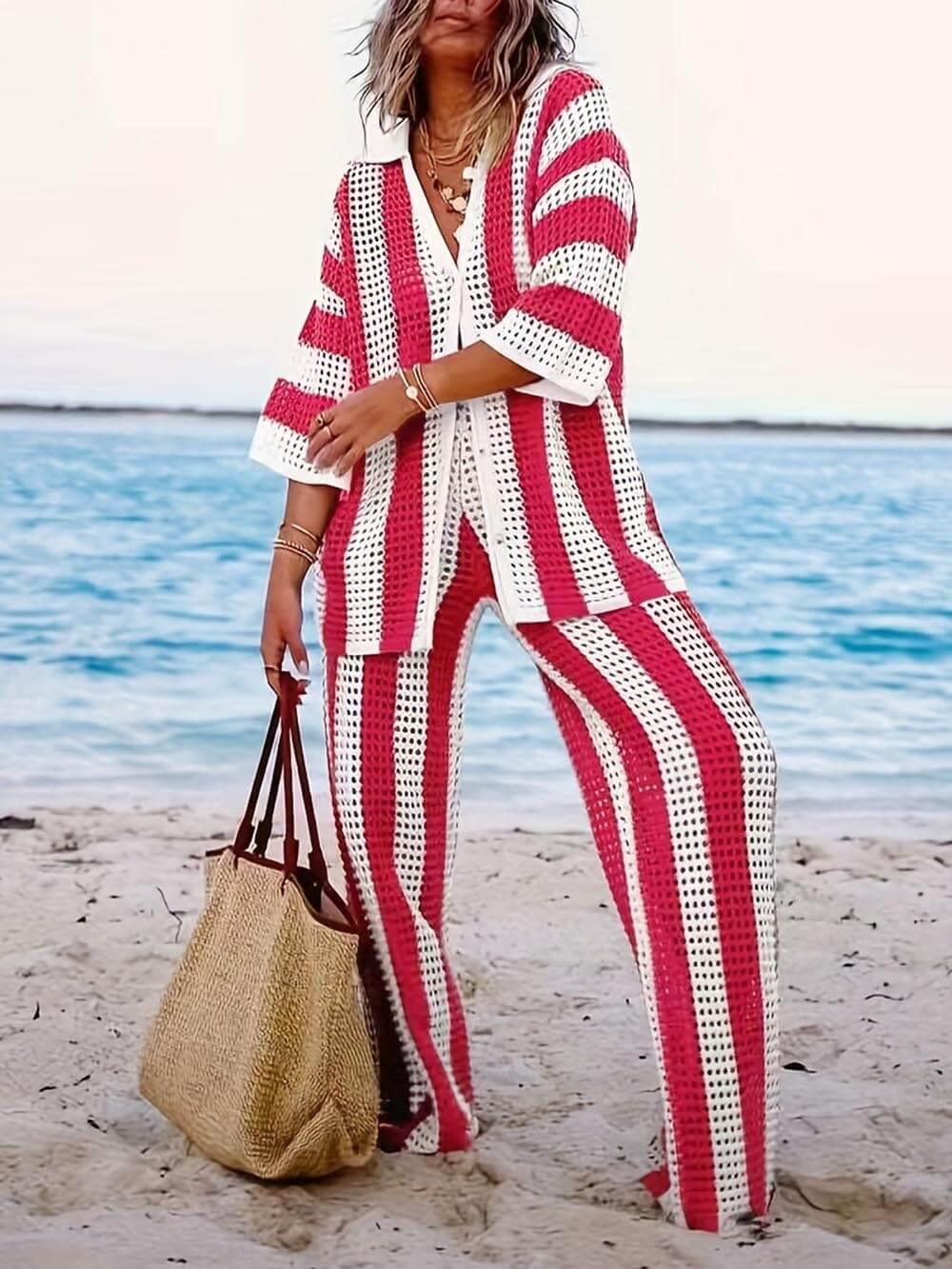 Sandra | Women's Striped Knit Two Piece Set with Collared Neckline and Wide Leg Pants