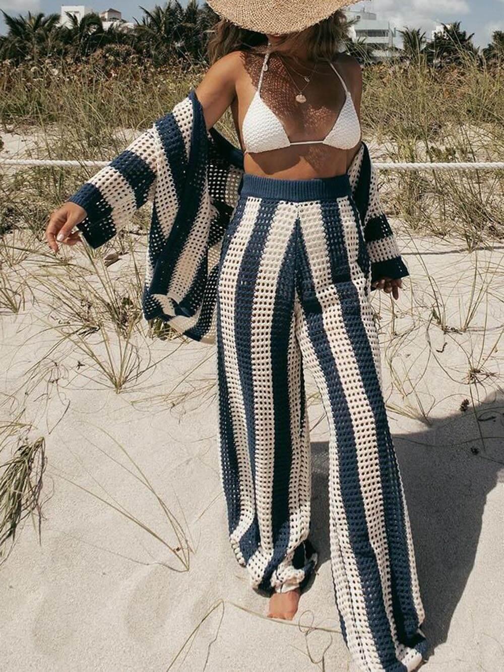Sandra | Women's Striped Knit Two Piece Set with Collared Neckline and Wide Leg Pants