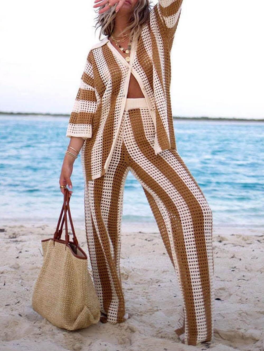Sandra | Women's Striped Knit Two Piece Set with Collared Neckline and Wide Leg Pants