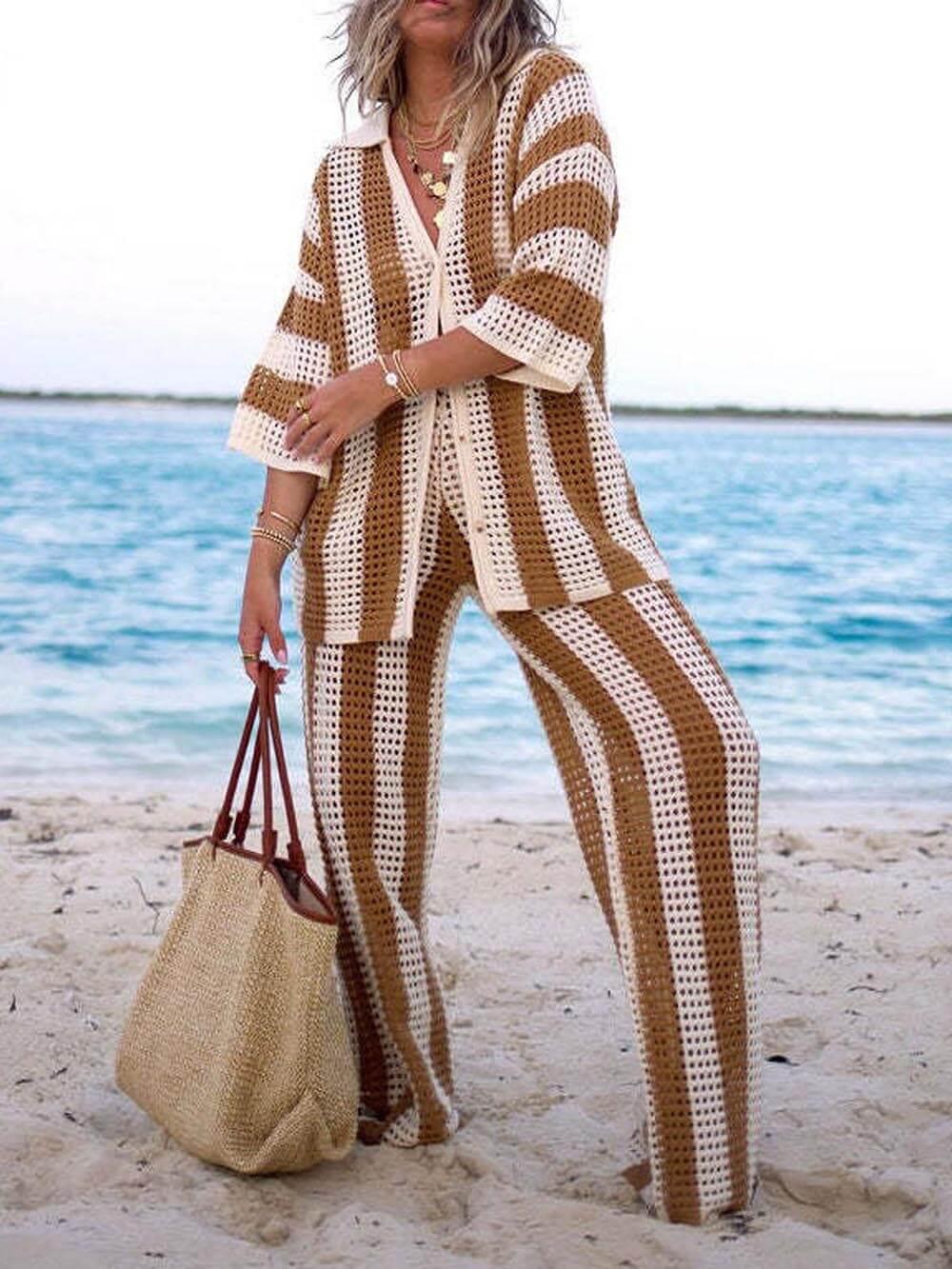 Sandra | Women's Striped Knit Two Piece Set with Collared Neckline and Wide Leg Pants