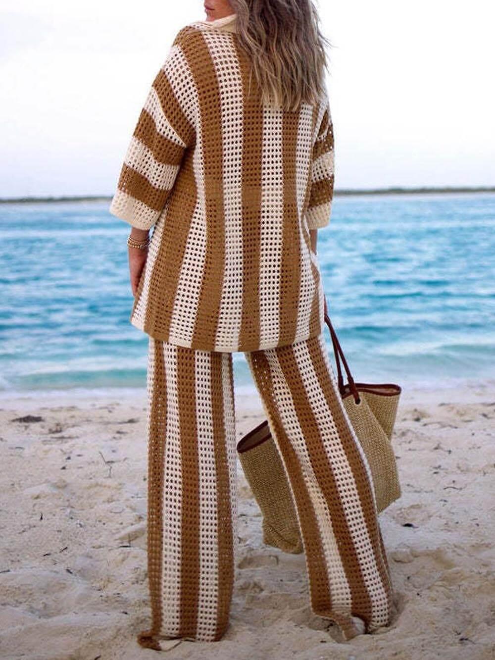 Sandra | Women's Striped Knit Two Piece Set with Collared Neckline and Wide Leg Pants