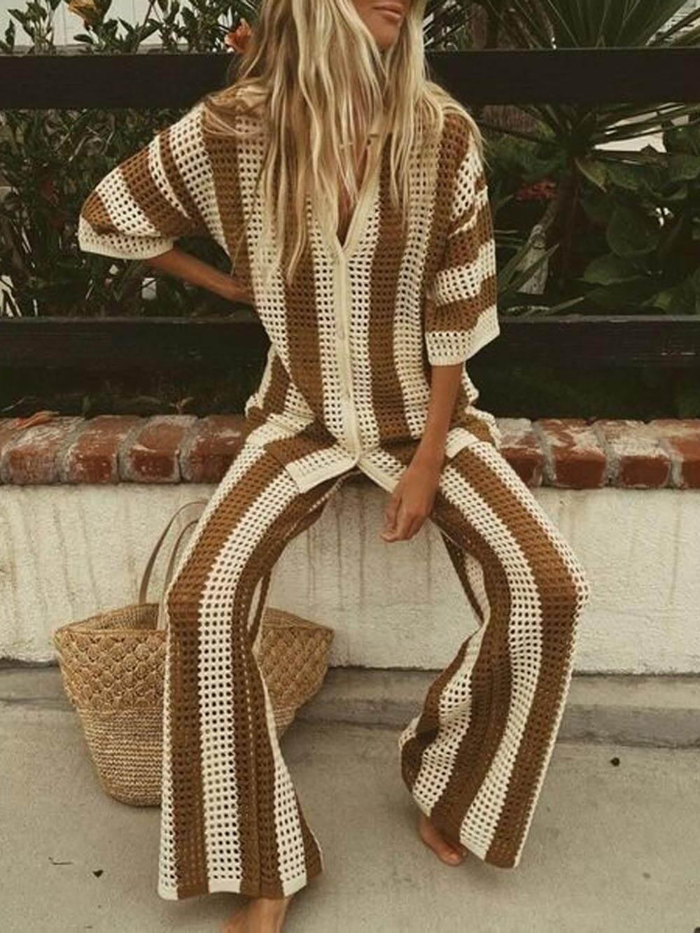 Sandra | Women's Striped Knit Two Piece Set with Collared Neckline and Wide Leg Pants