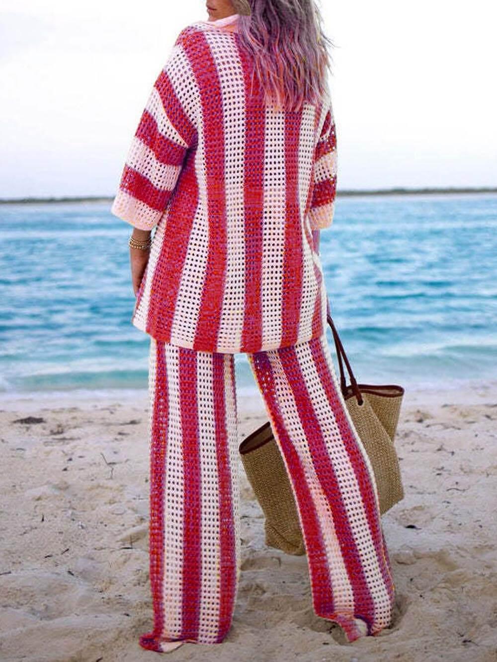 Sandra | Women's Striped Knit Two Piece Set with Collared Neckline and Wide Leg Pants