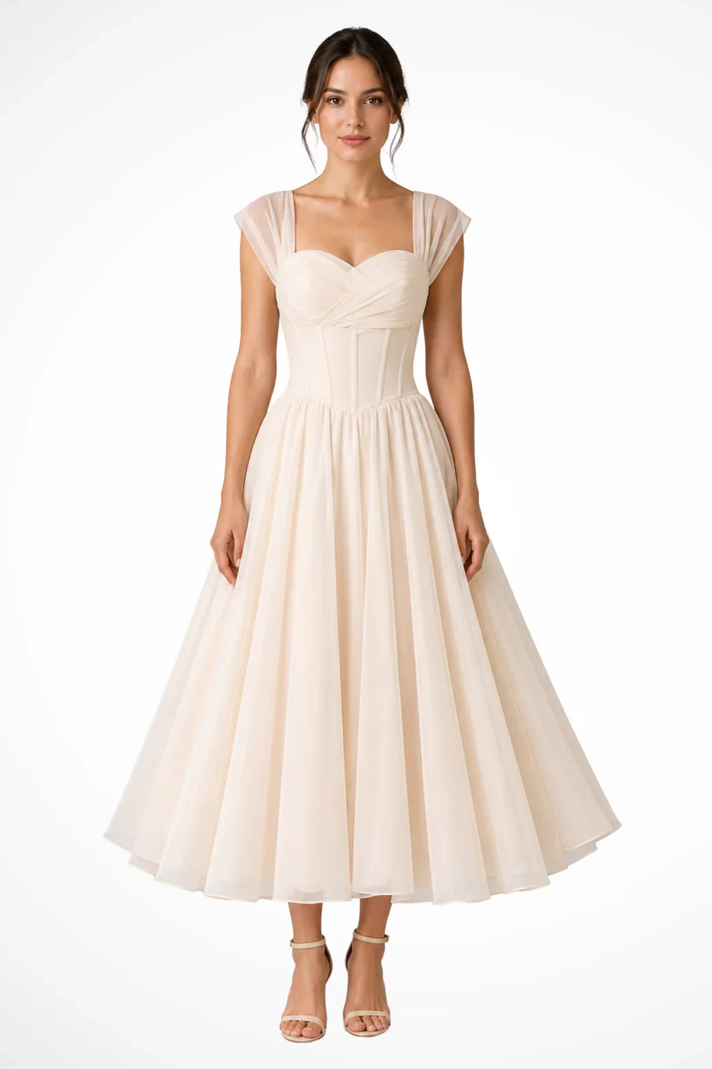Sandra | Women's Sweetheart Neckline Flared Wedding Guest Midi Dress with Cap Sleeves