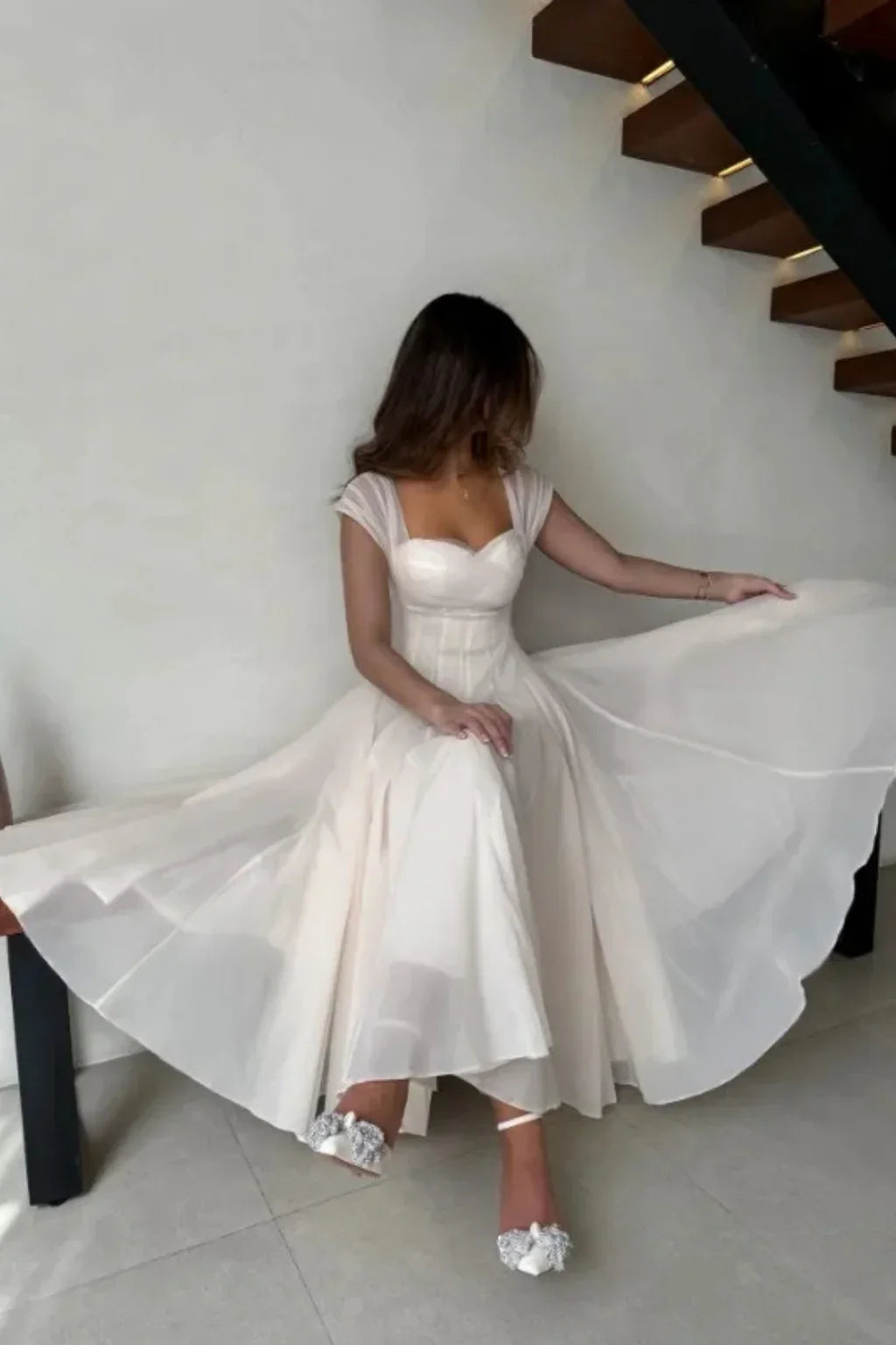 Sandra | Women's Sweetheart Neckline Flared Wedding Guest Midi Dress with Cap Sleeves