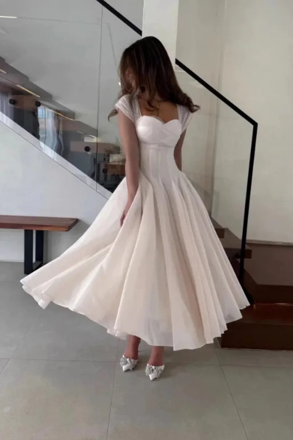 Sandra | Women's Sweetheart Neckline Flared Wedding Guest Midi Dress with Cap Sleeves
