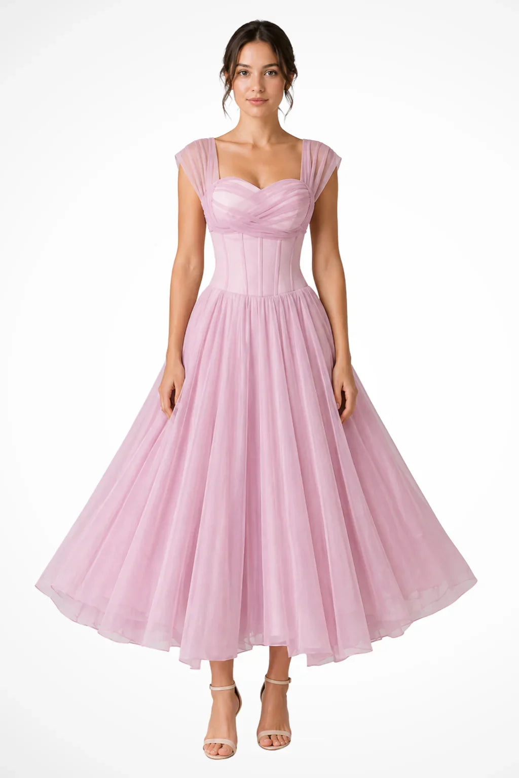 Sandra | Women's Sweetheart Neckline Flared Wedding Guest Midi Dress with Cap Sleeves