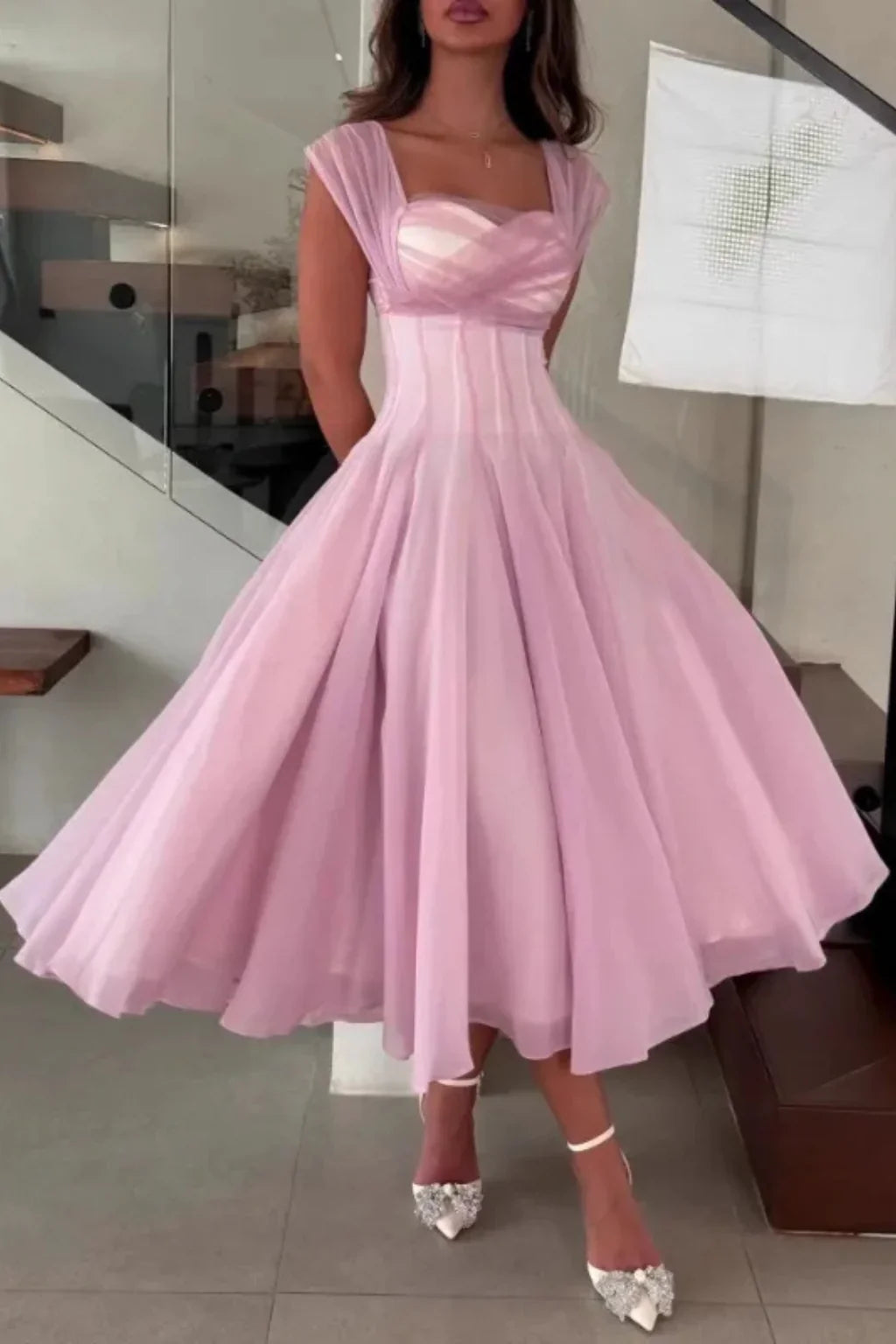 Sandra | Women's Sweetheart Neckline Flared Wedding Guest Midi Dress with Cap Sleeves
