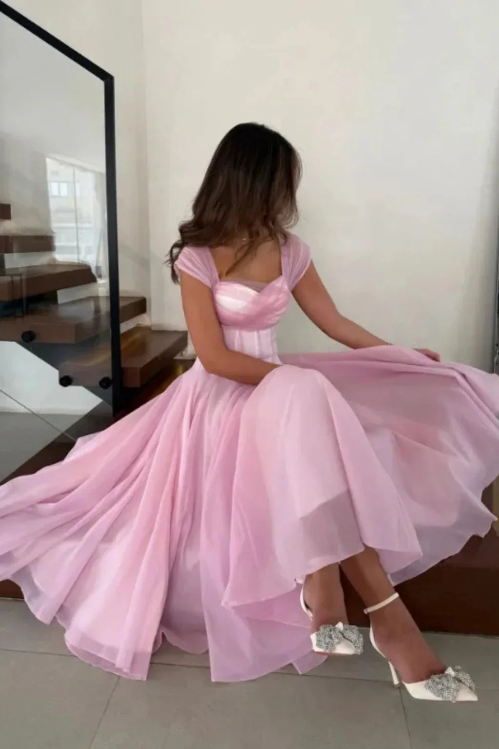 Sandra | Women's Sweetheart Neckline Flared Wedding Guest Midi Dress with Cap Sleeves