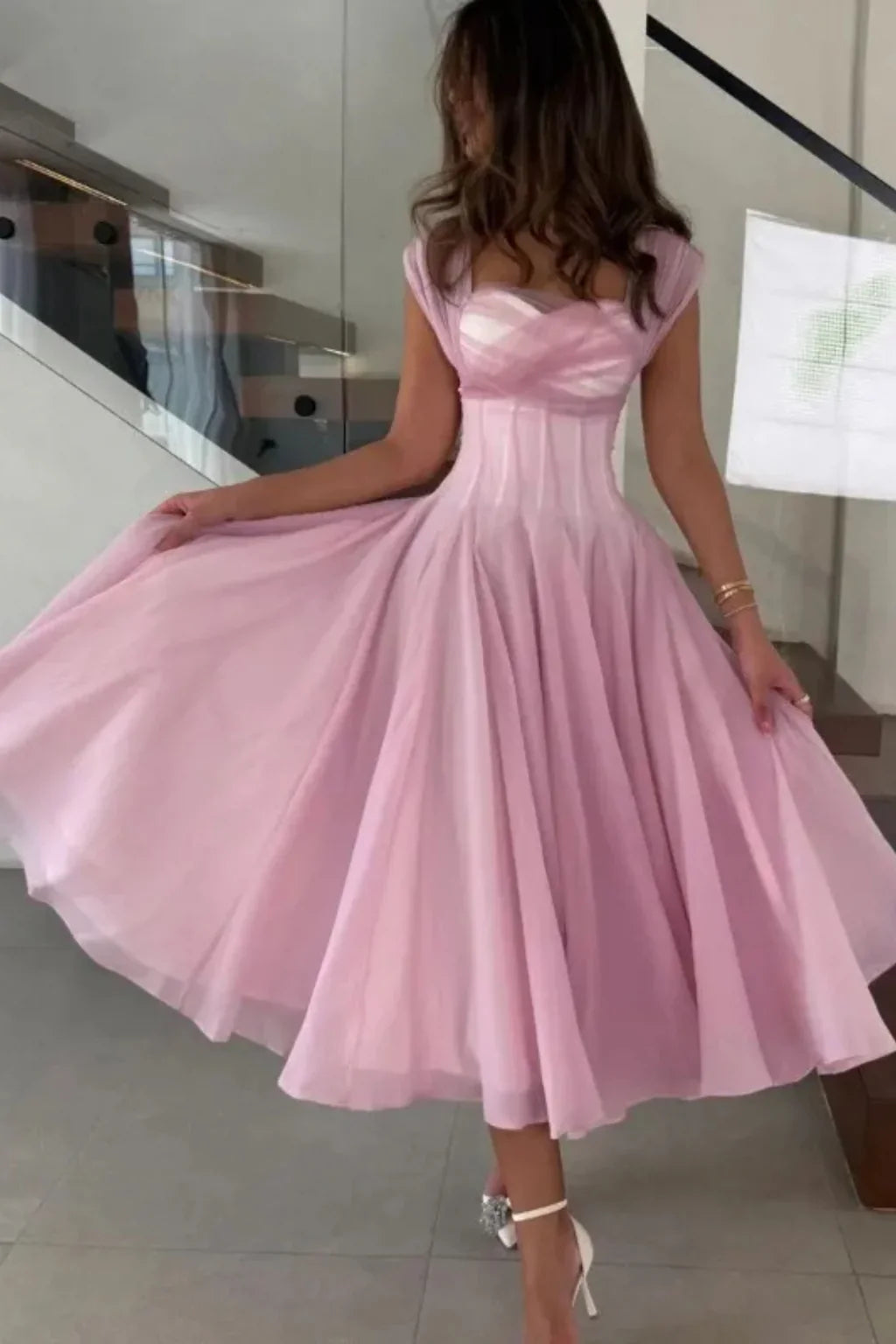 Sandra | Women's Sweetheart Neckline Flared Wedding Guest Midi Dress with Cap Sleeves