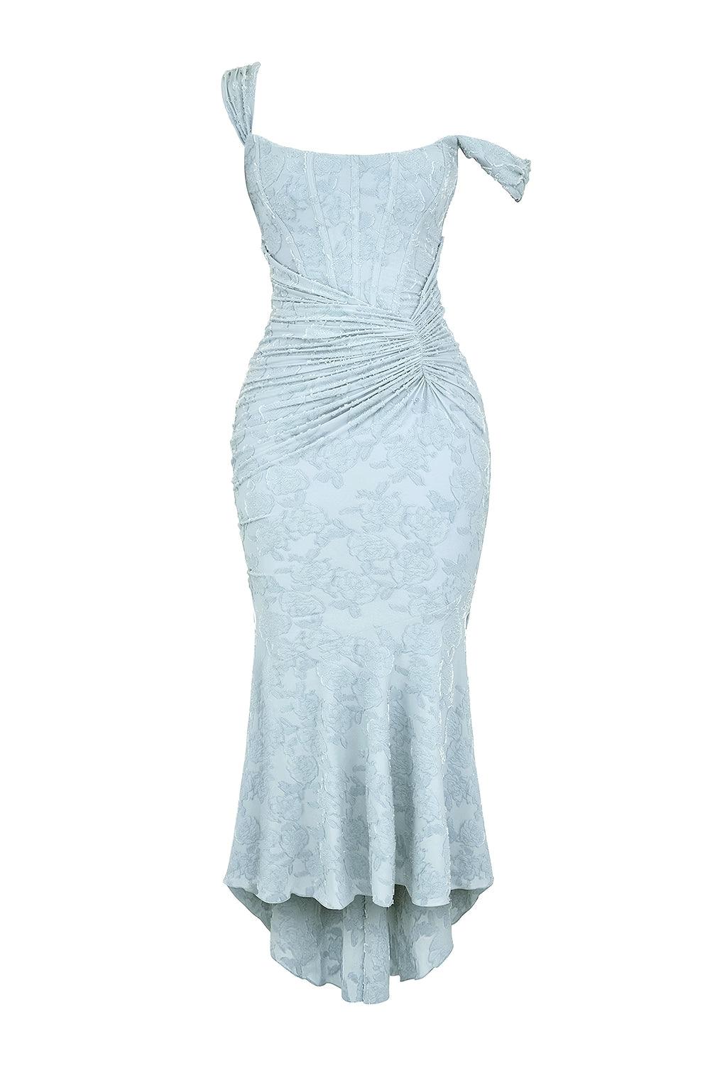 Sarah | Floral Wedding Guest Maxi Dress with Corset Bodice and Ruched Waist