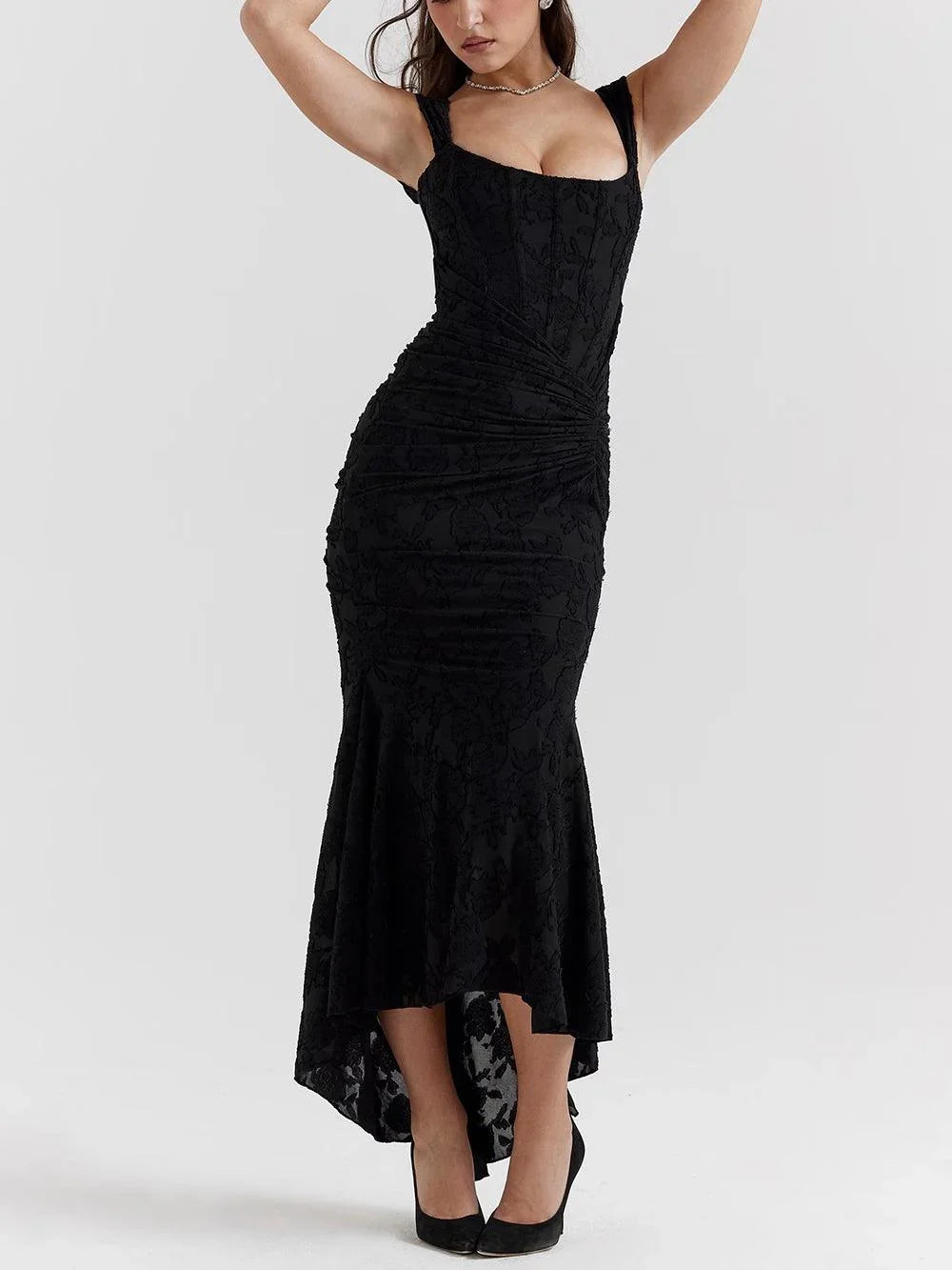 Sarah | Floral Wedding Guest Maxi Dress with Corset Bodice and Ruched Waist