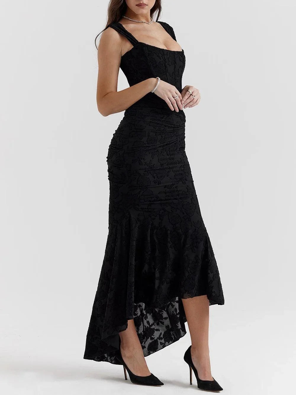 Sarah | Floral Wedding Guest Maxi Dress with Corset Bodice and Ruched Waist