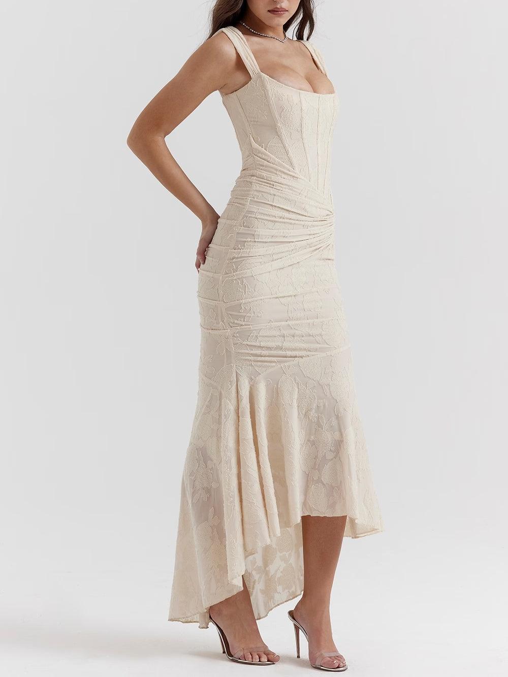 Sarah | Floral Wedding Guest Maxi Dress with Corset Bodice and Ruched Waist