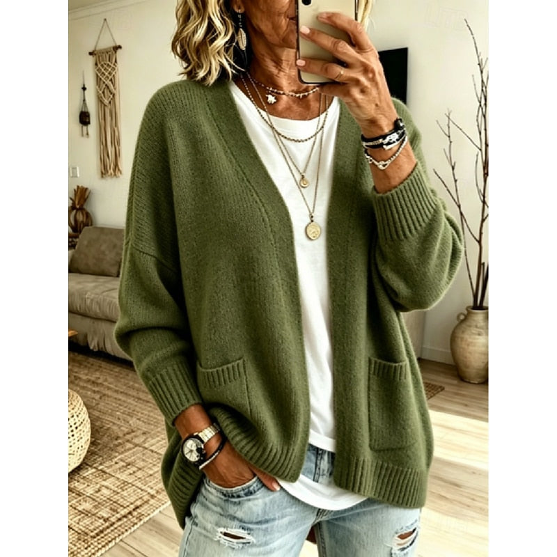 Women's Open-Front Cardigan with Ribbed Cuffs and Pockets