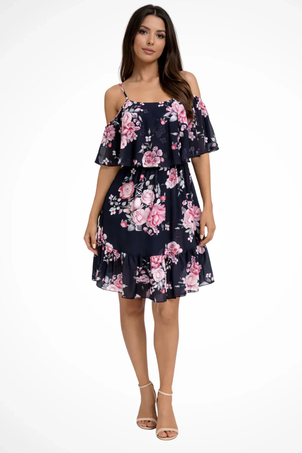 Scarlett | Women's Square Neck Floral Ruffle Tiered Summer Mini Dress with Cold Shoulder