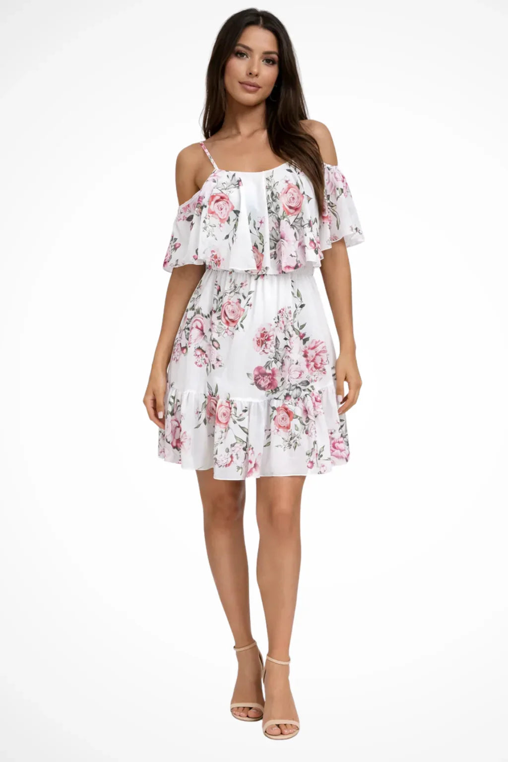 Scarlett | Women's Square Neck Floral Ruffle Tiered Summer Mini Dress with Cold Shoulder