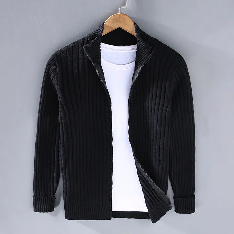 Men's Ribbed Zip Cardigan, Mock Collar, Long Sleeves