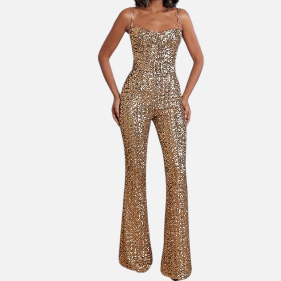 Elia | Sequin Flared Jumpsuit with Chain Straps for Women