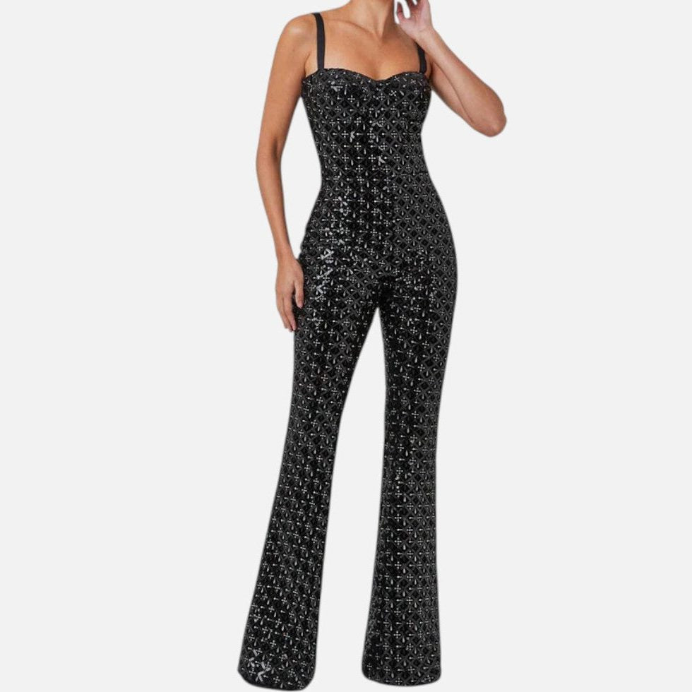 Elia | Sequin Flared Jumpsuit with Chain Straps for Women
