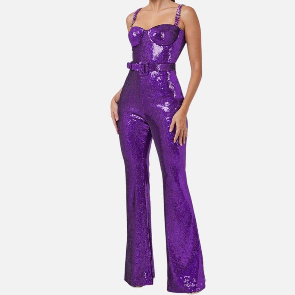 Elia | Sequin Flared Jumpsuit with Chain Straps for Women