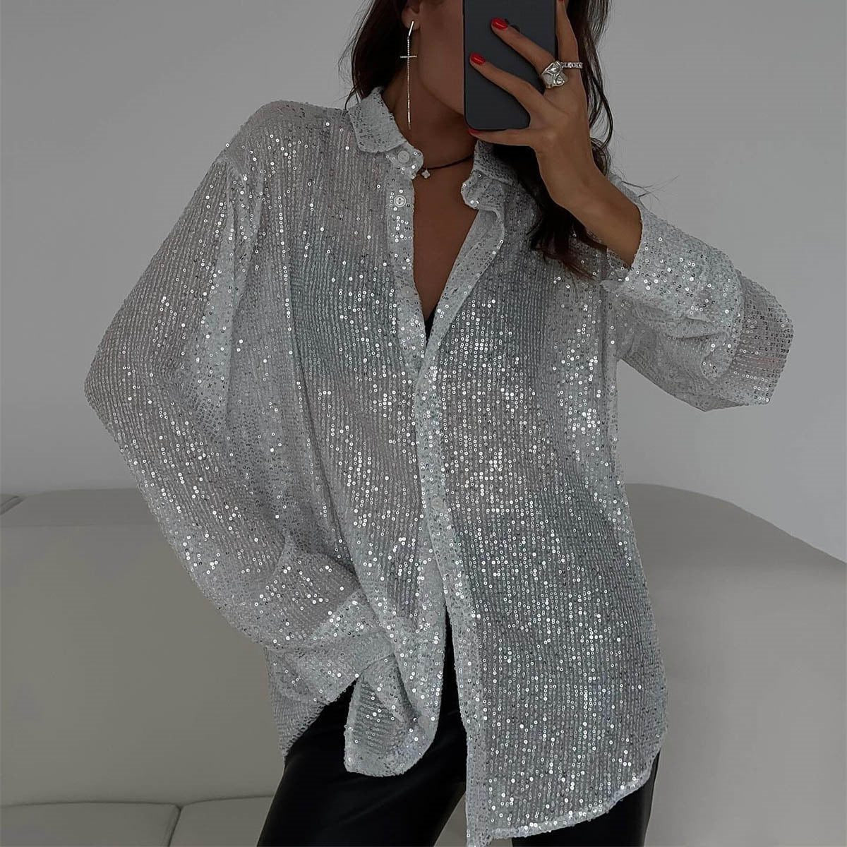 Oriana | Sequin Blouse with Collar and Long Sleeves for Women