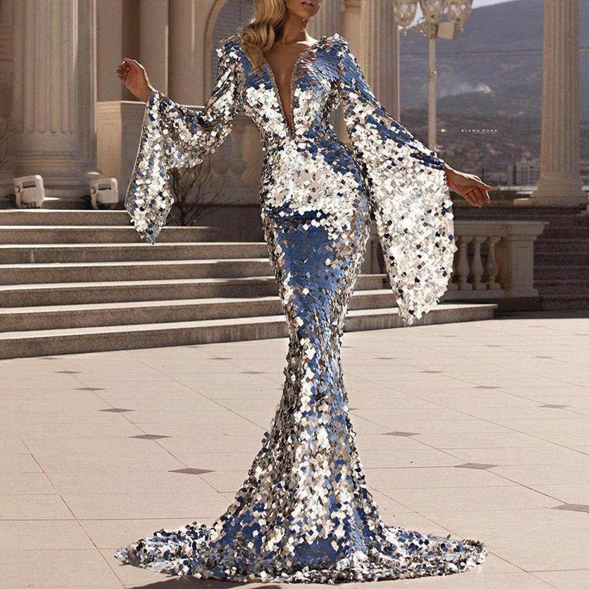 Lexa | Sequin Maxi Dress with Flutter Sleeves for Women