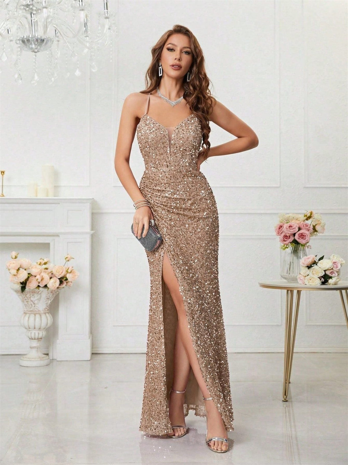 Yvette | Sequin Maxi Dress with V-Neck and Leg Split for Women