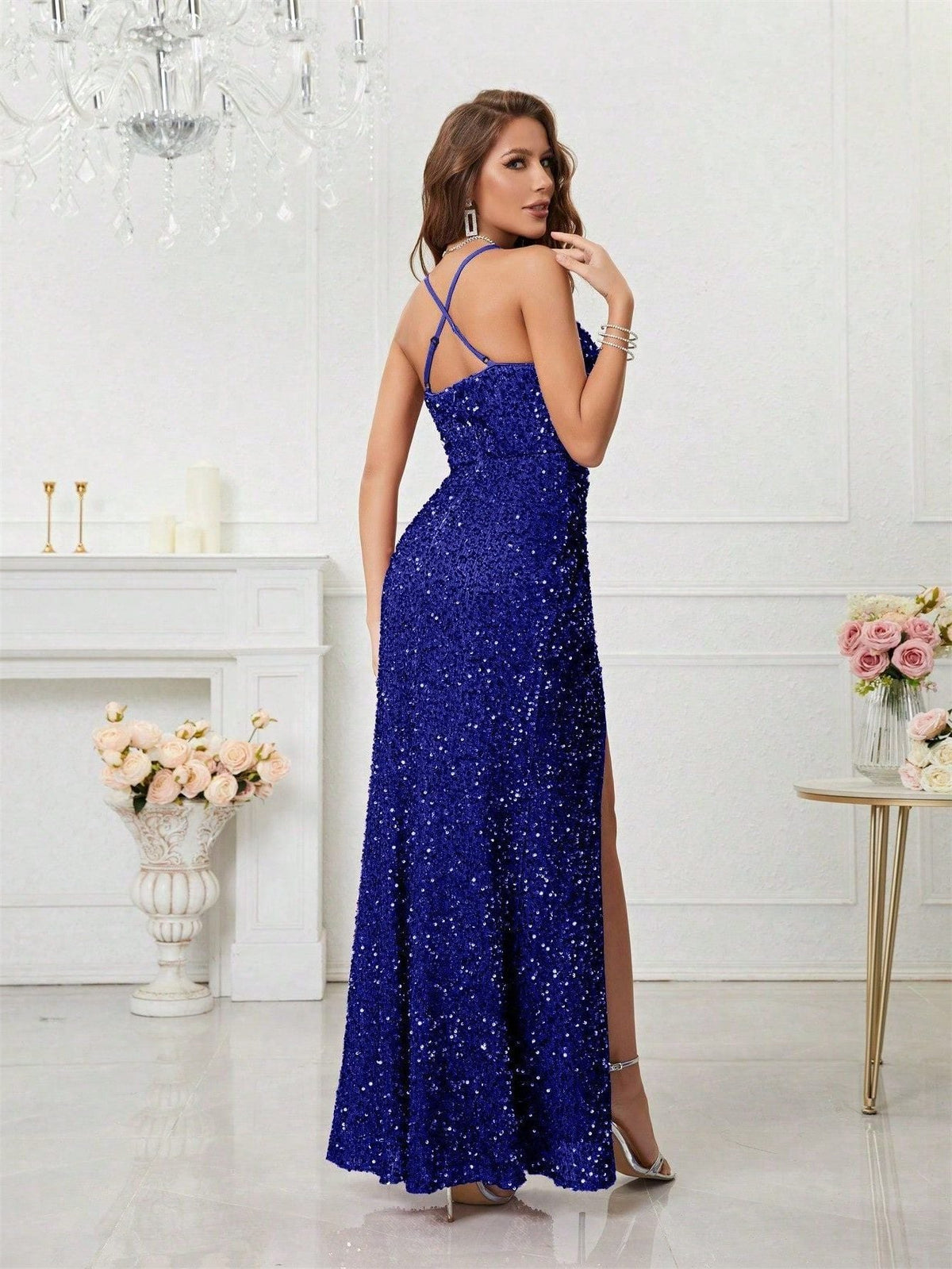 Yvette | Sequin Maxi Dress with V-Neck and Leg Split for Women