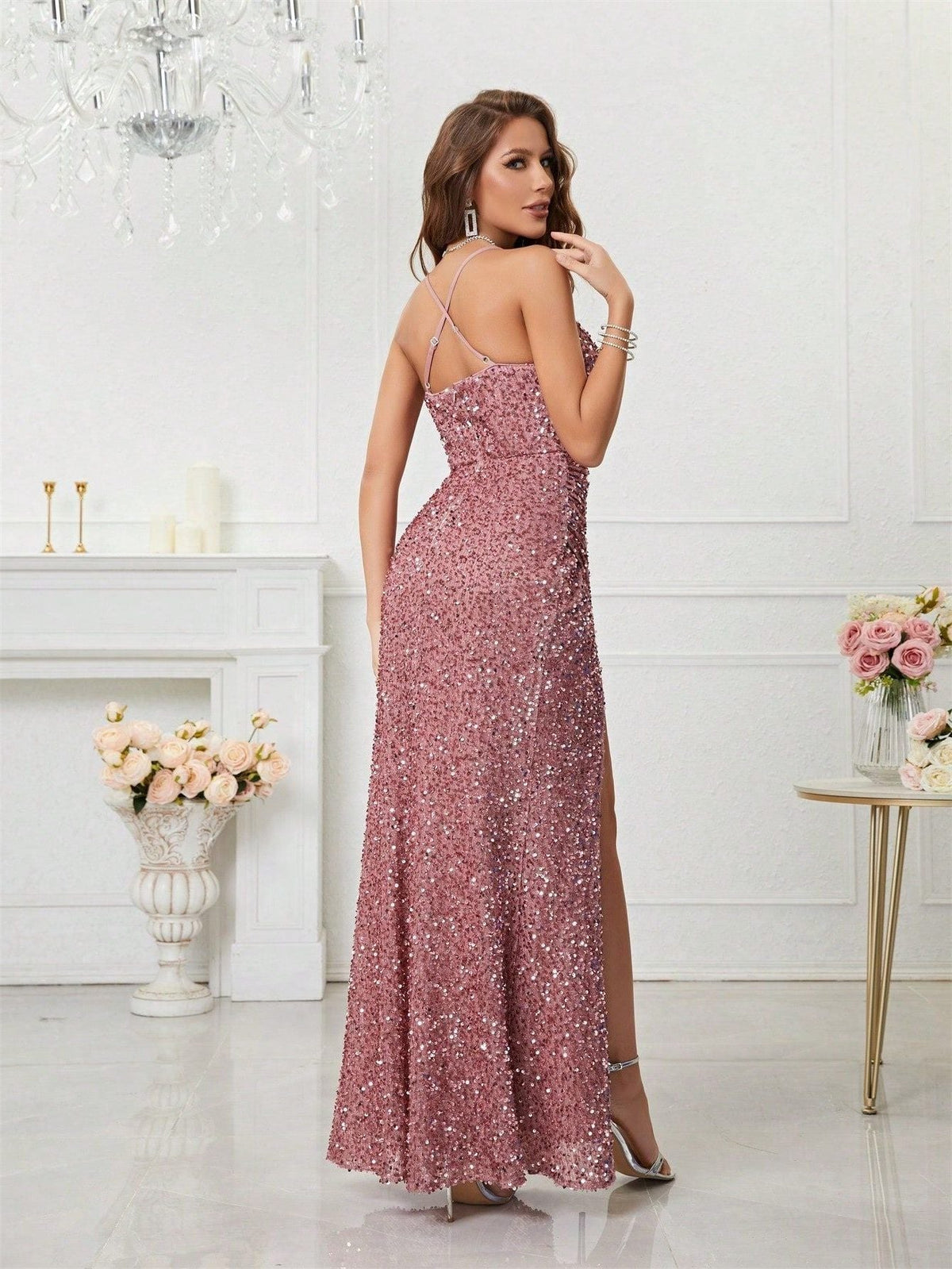 Yvette | Sequin Maxi Dress with V-Neck and Leg Split for Women