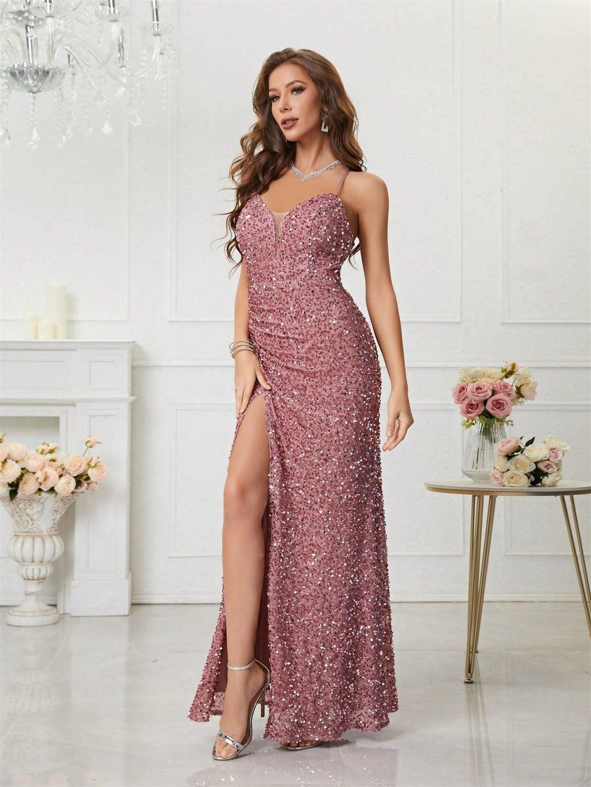 Yvette | Sequin Maxi Dress with V-Neck and Leg Split for Women