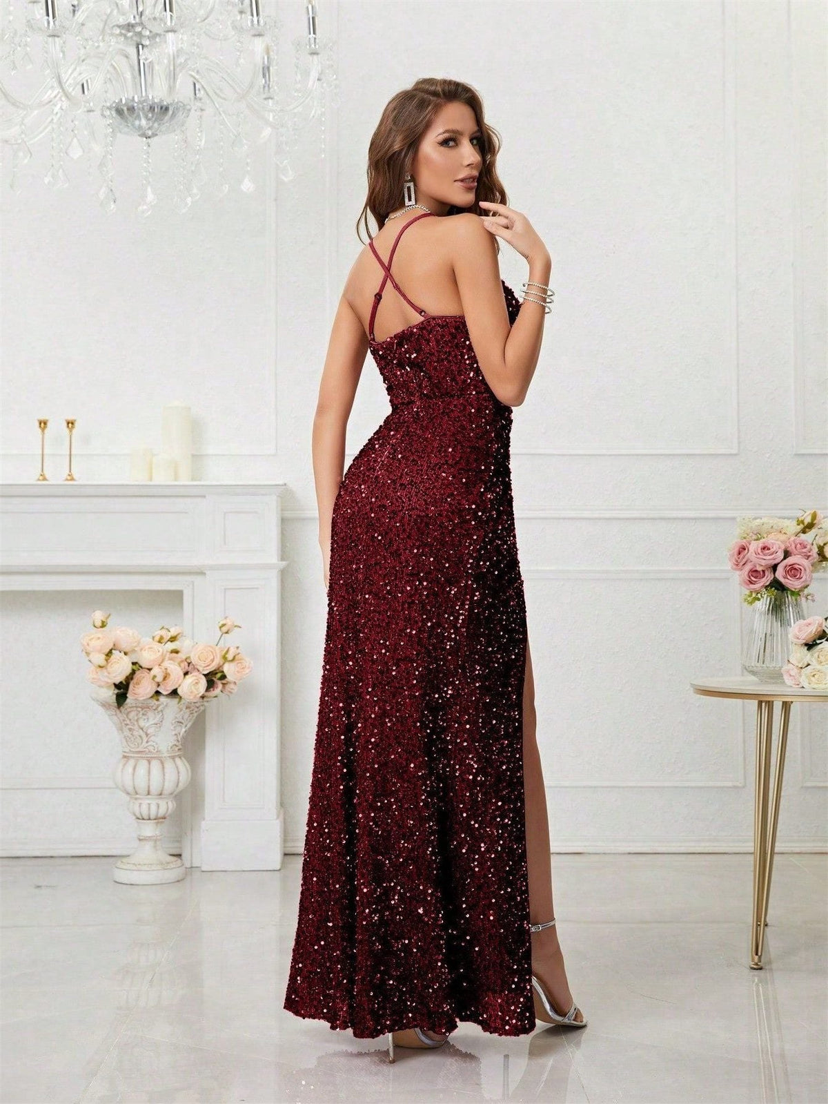 Yvette | Sequin Maxi Dress with V-Neck and Leg Split for Women