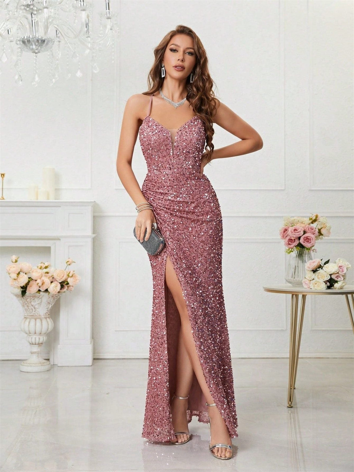 Yvette | Sequin Maxi Dress with V-Neck and Leg Split for Women