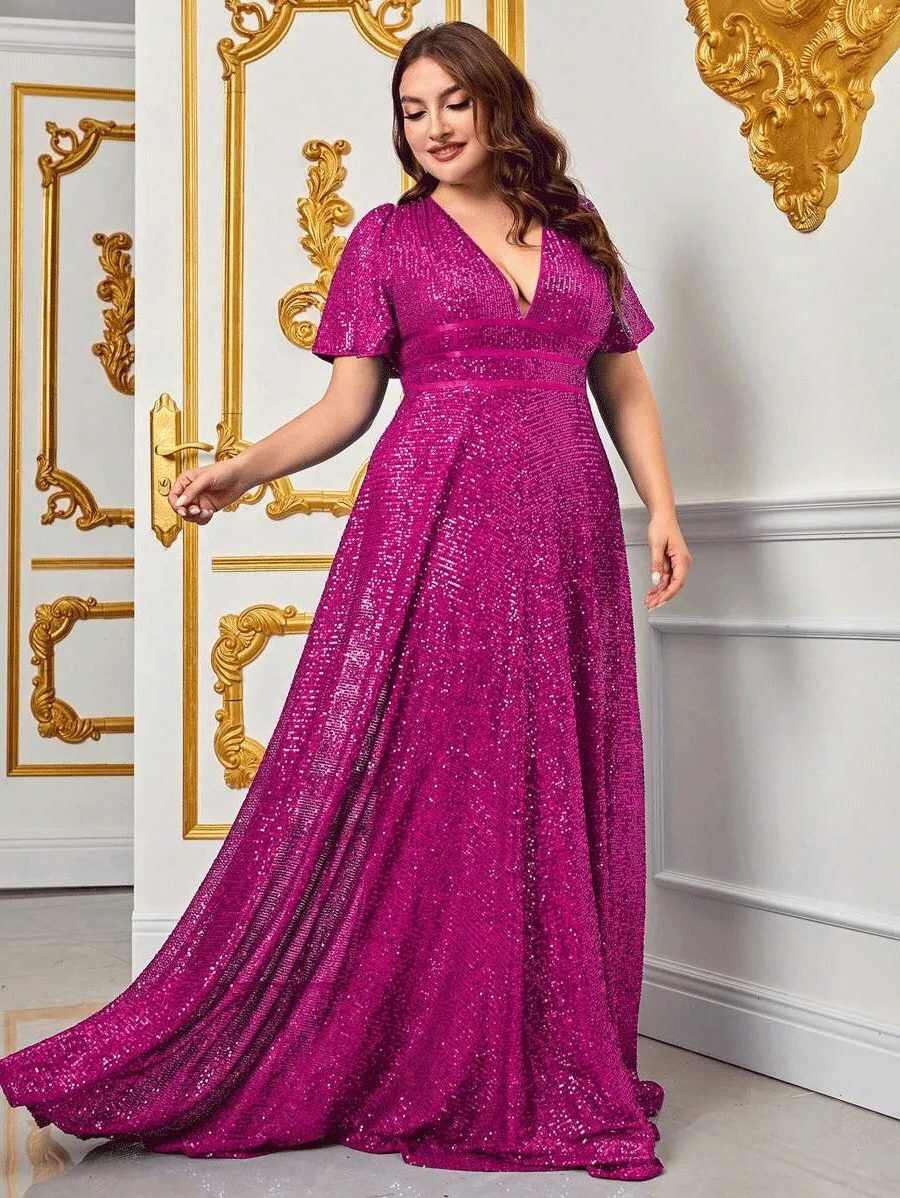 Tara | Sequin Maxi Dress with V-Neck and Short Sleeves for Women