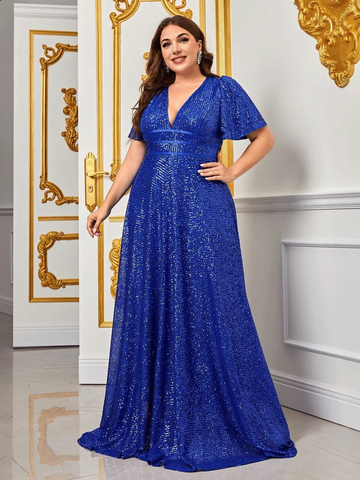 Tara | Sequin Maxi Dress with V-Neck and Short Sleeves for Women