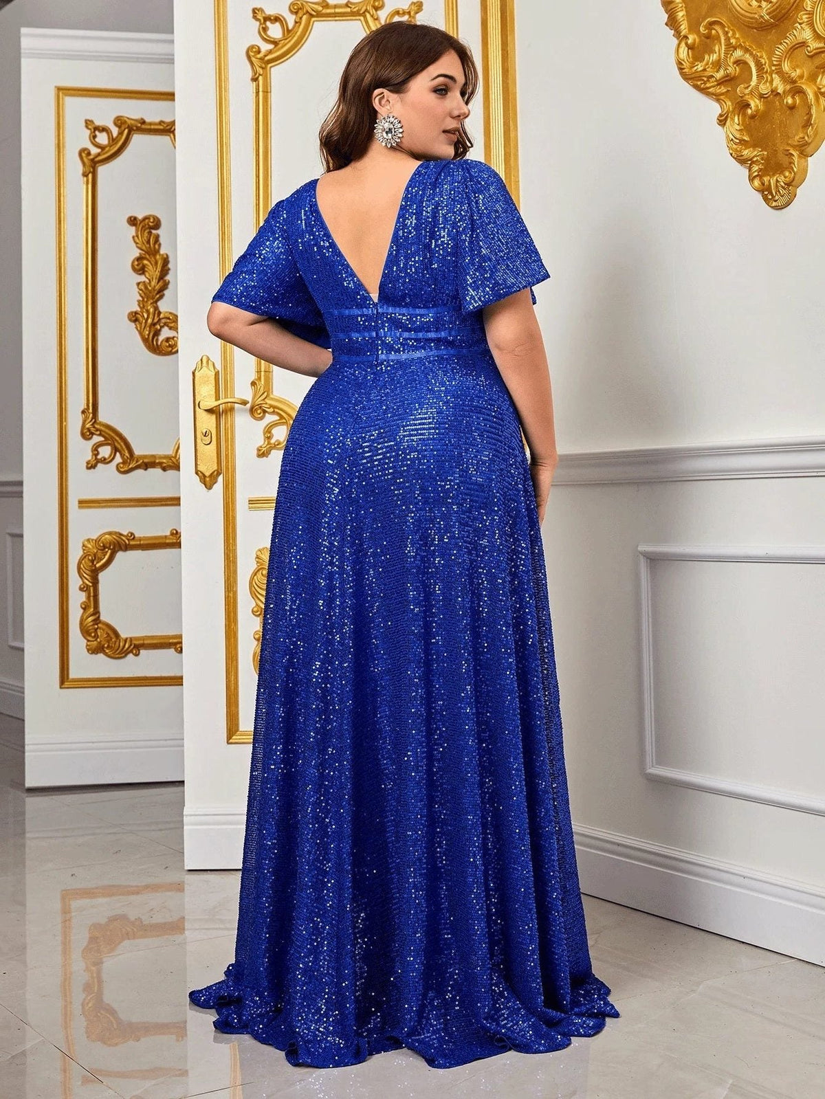 Tara | Sequin Maxi Dress with V-Neck and Short Sleeves for Women