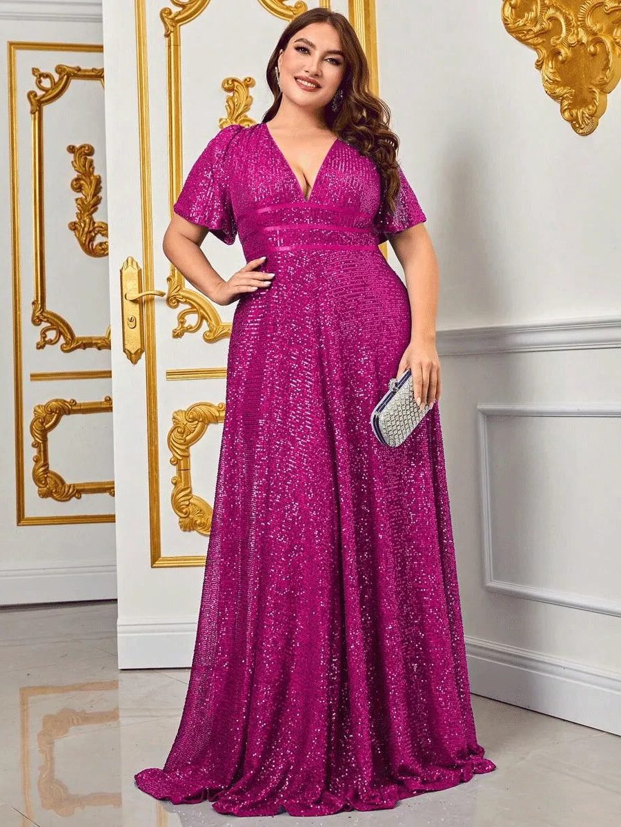 Tara | Sequin Maxi Dress with V-Neck and Short Sleeves for Women