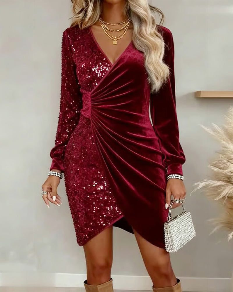 Clio | Sequin Wrap Midi Dress with Long Sleeves for Women