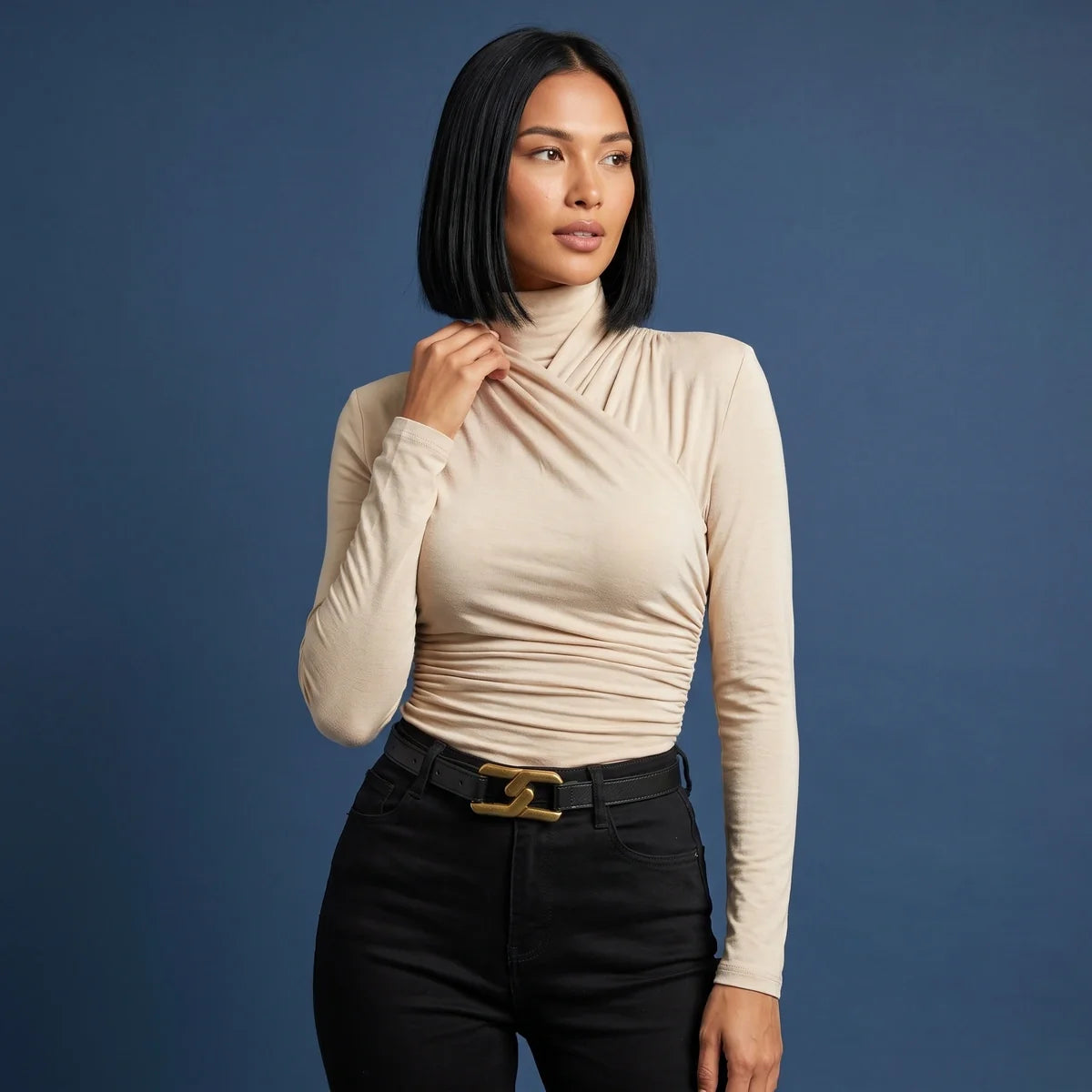 Serena Wrap Turtleneck Ruched Top