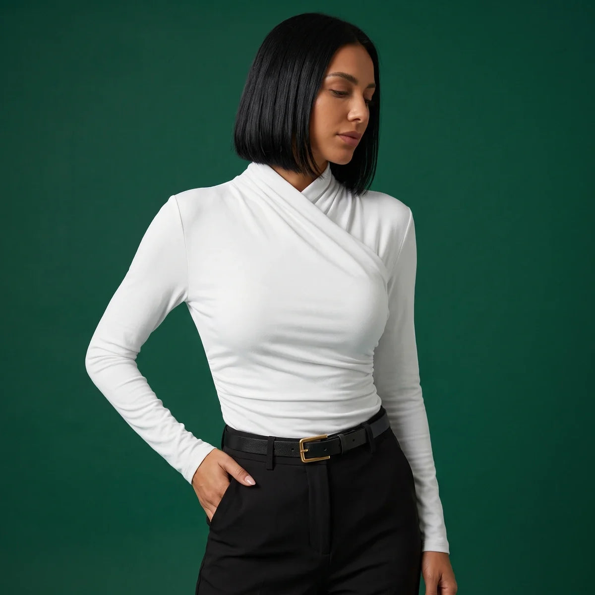Serena Wrap Turtleneck Ruched Top