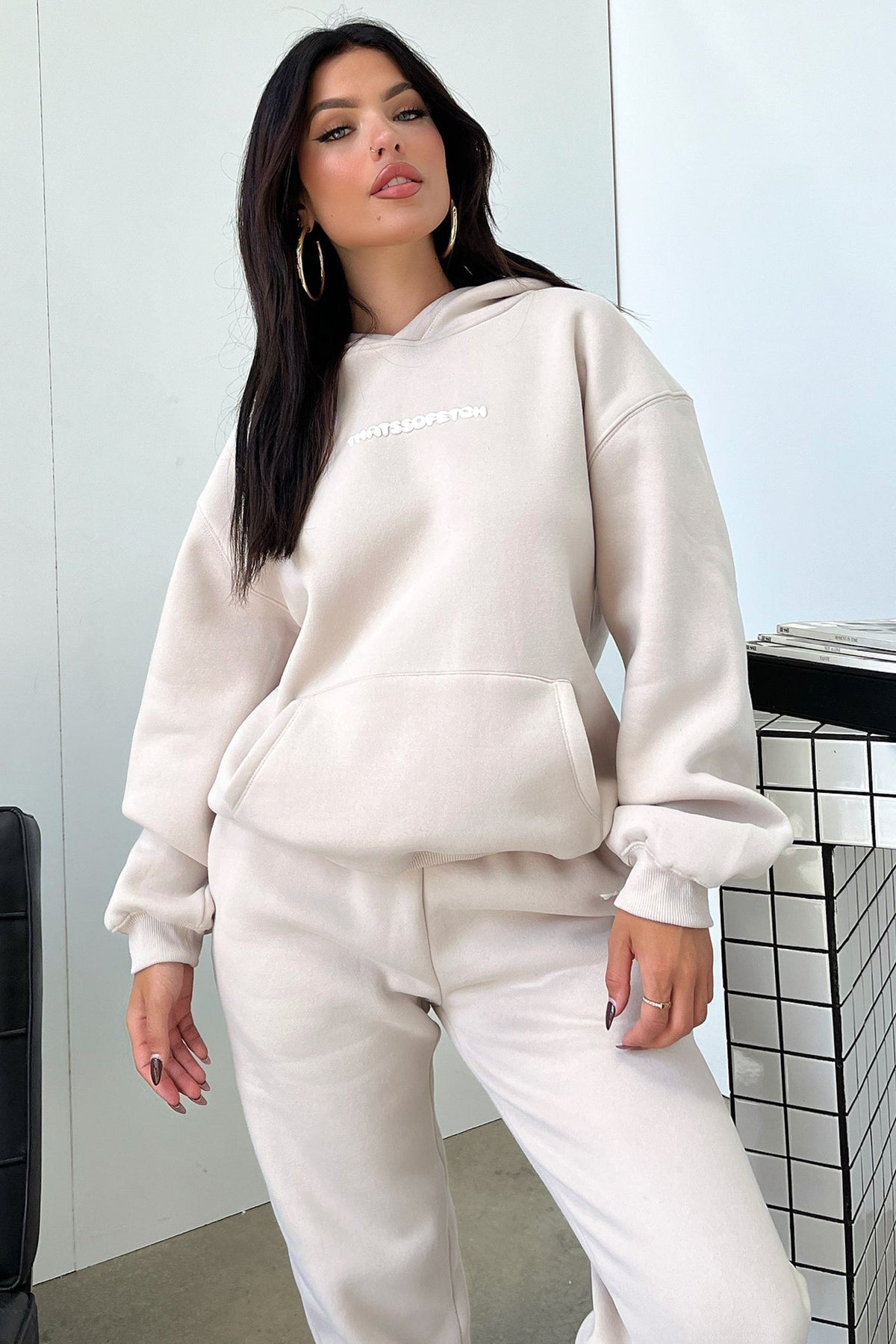 Women's Beige Oversized Hoodie, Hooded, Long Sleeves