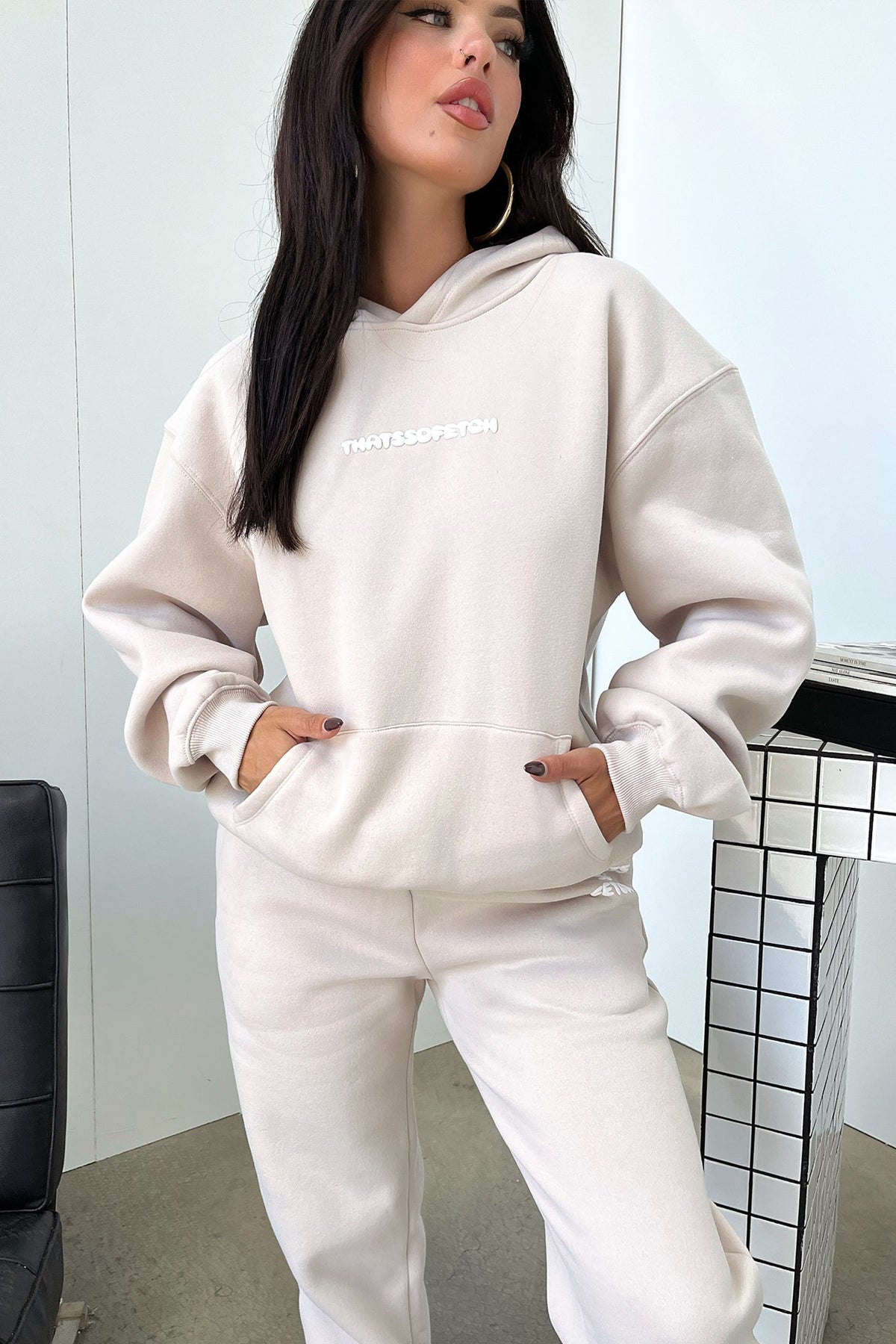 Women's Beige Oversized Hoodie, Hooded, Long Sleeves
