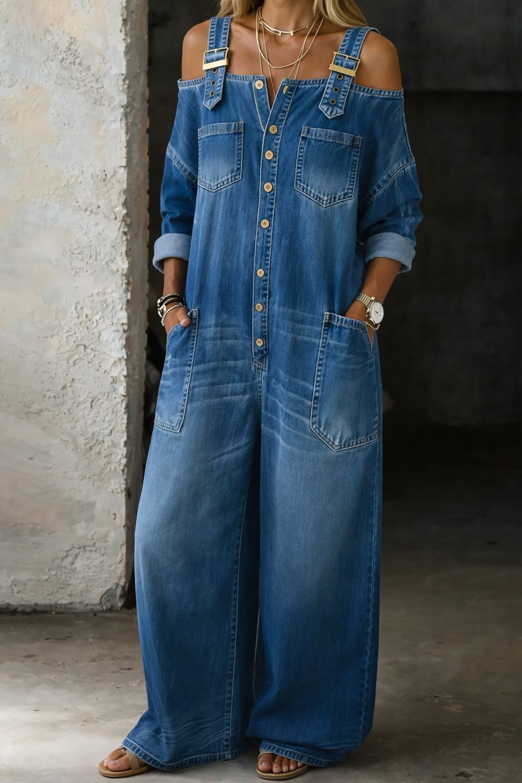 Severine | Cold-Shoulder Denim Jumpsuit with Button-Down Front for Women