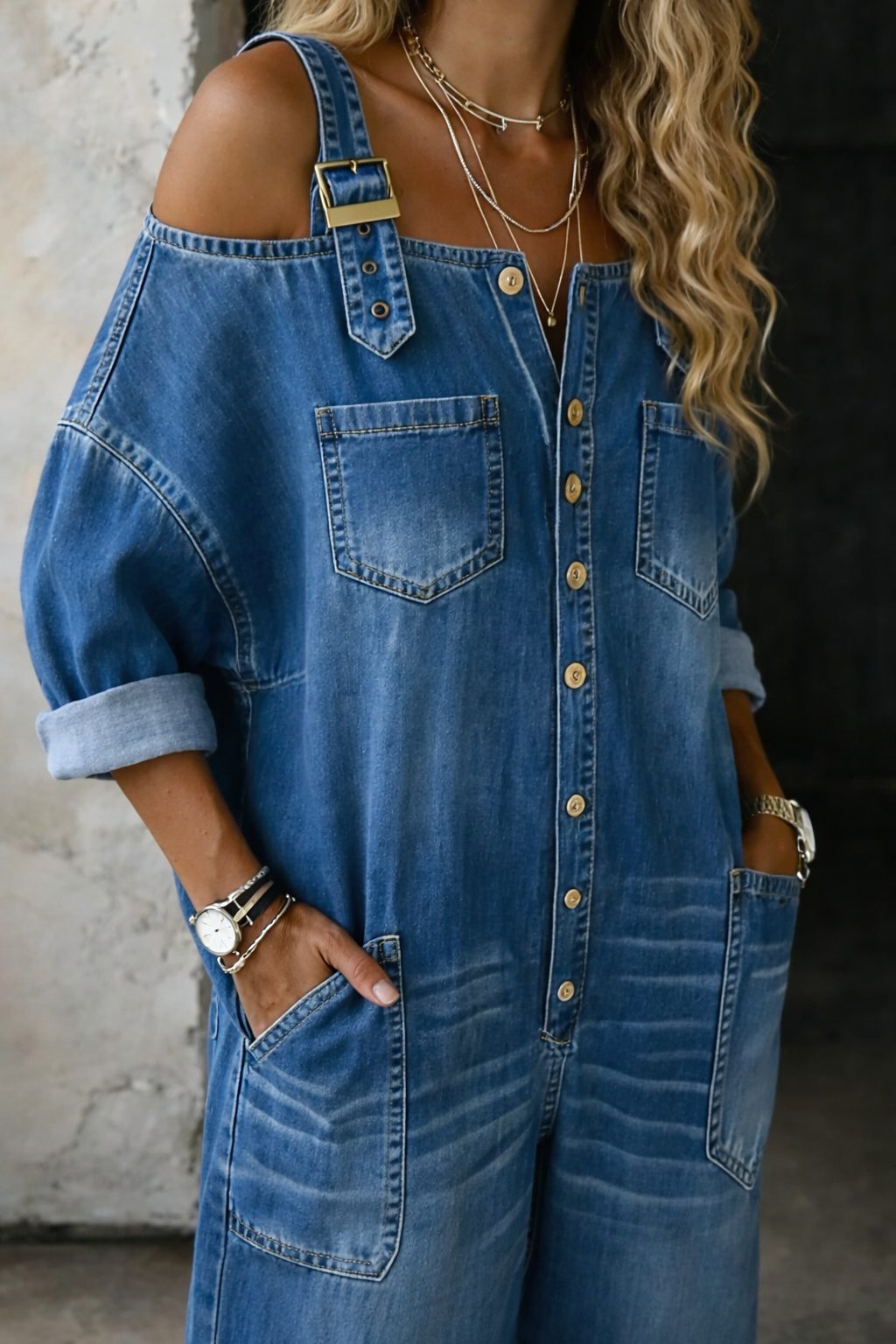 Severine | Cold-Shoulder Denim Jumpsuit with Button-Down Front for Women