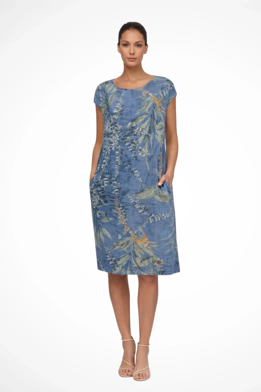 Sharon | Floral Summer Midi Dress with Round Neck and Short Sleeves
