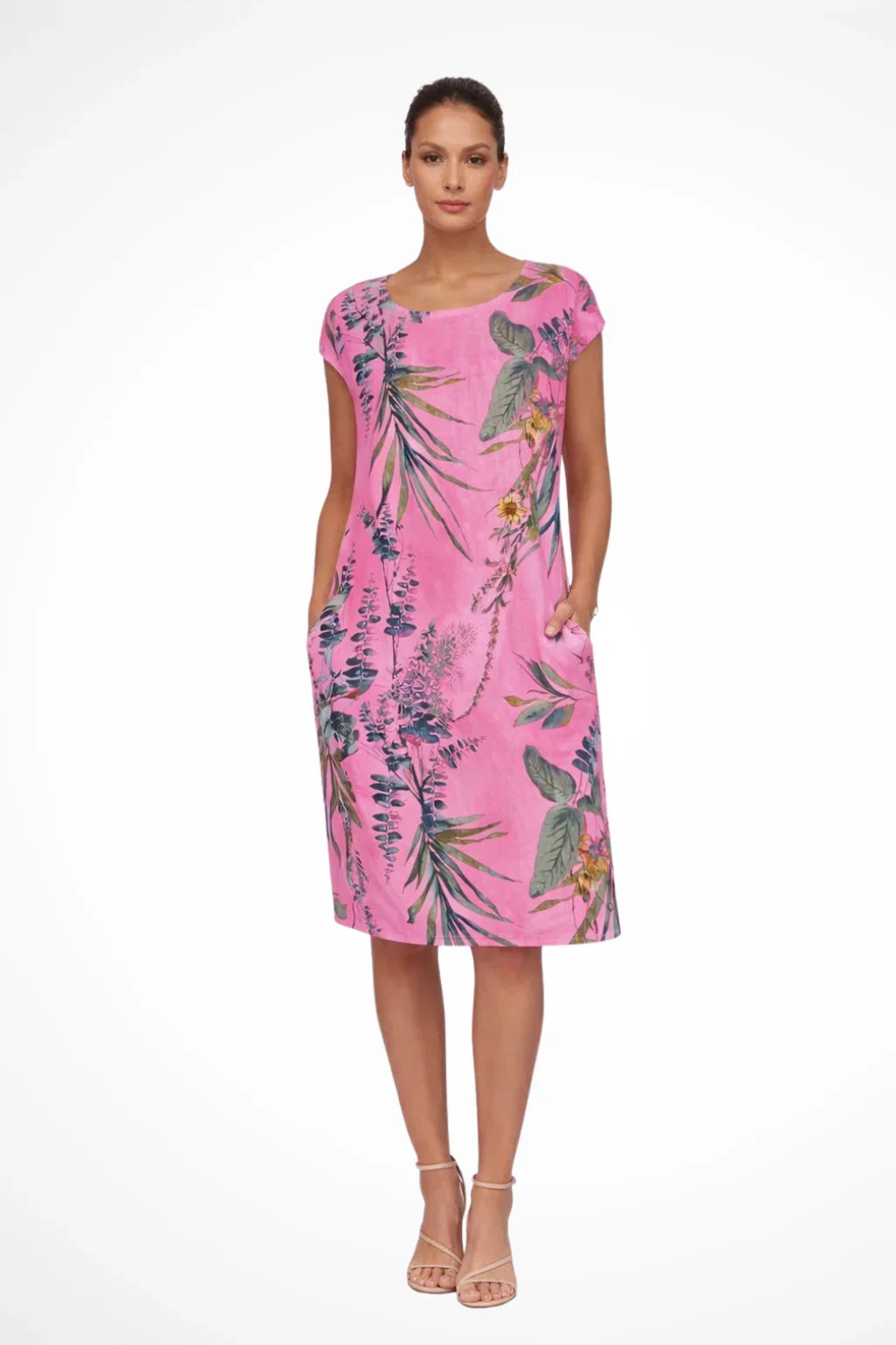 Sharon | Floral Summer Midi Dress with Round Neck and Short Sleeves