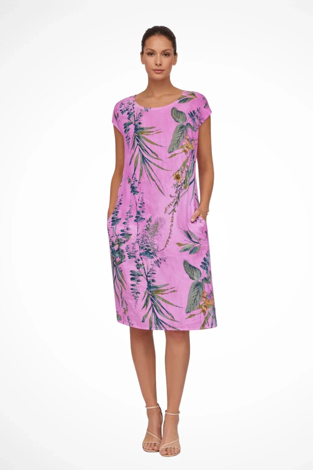 Sharon | Floral Summer Midi Dress with Round Neck and Short Sleeves