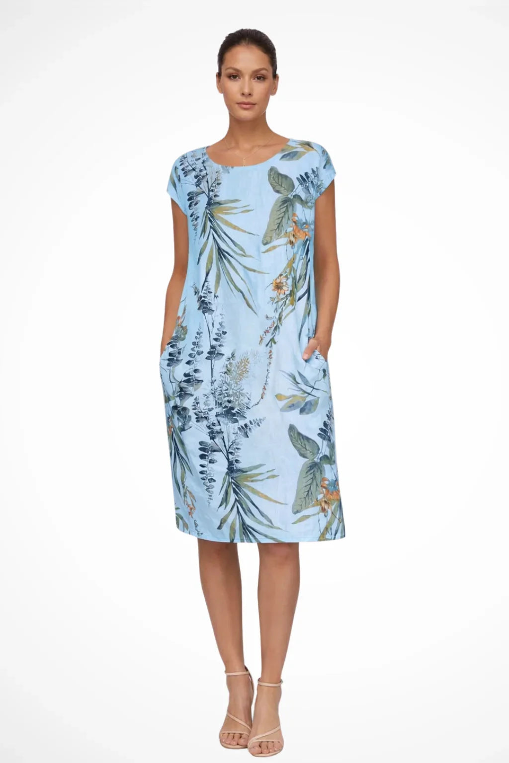 Sharon | Floral Summer Midi Dress with Round Neck and Short Sleeves