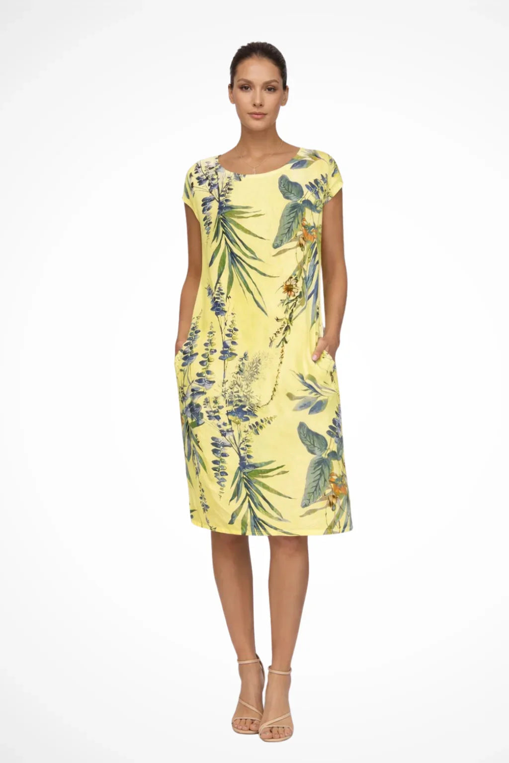 Sharon | Floral Summer Midi Dress with Round Neck and Short Sleeves
